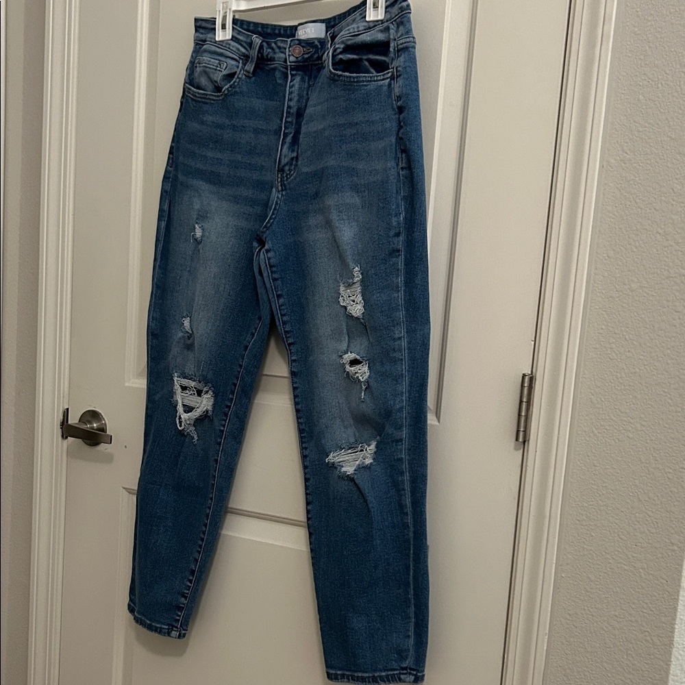 Scratch - Super High Rise Distressed Crop Mom Jeans